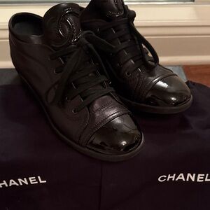 Authentic CHANEL Black Patent Sneakers 38.5 in original box and bust bags